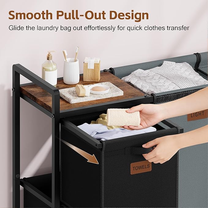 Hoctieon 4 Section Laundry Cart, 48 Gal. (182L) Laundry Hamper with Lid, Laundry Basket with Wheels, Rolling Laundry Sorter Organizer with Shelf, Clothes Separator with Removable Bags, Black+Gray