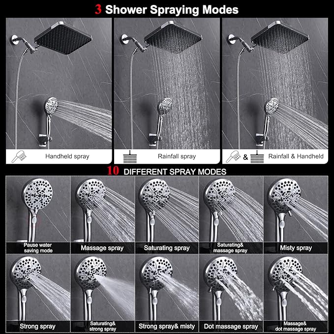 Rainfall Shower Head with Handheld, 14 Inch Rain Shower Head Combo,High Pressure Fixed Showerhead and 10 Spray Settings Handheld Shower Heads,Bathroom Accessories,Chrome