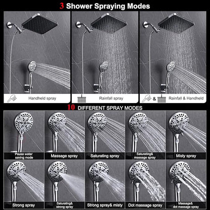 Rainfall Shower Head with Handheld, 14 Inch Rain Shower Head Combo,High Pressure Fixed Showerhead and 10 Spray Settings Handheld Shower Heads,Bathroom Accessories,Chrome