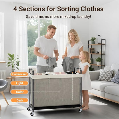 ELYKEN Laundry Hamper 4 Section, 140L Rolling Laundry Sorter with Removable Liner Bag, Laundry Basket with Wheels, Steel Frame with Metal Handle, Clothes Hamper Cart for Laundry Room & Bedroom
