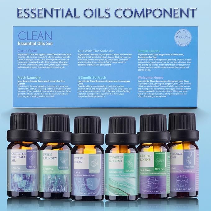Wecona Essential Oils for Laundry - 100% Pure Essential Oils for Diffusers for Home,6x10ml(Clean)- Aromatherapy Oils for Humidifiers,Wool Dryer Balls,Clean Linen