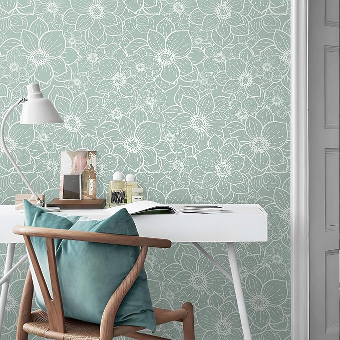 Guvana Peel and Stick Wallpaper Floral Wall Paper Boho Grayish Green and White Removable Self Adhesive Wallpaper for Bedroom Bathroom Contact Papaer for Cabinet Waterproof Vinyl Roll 17.3"×197"