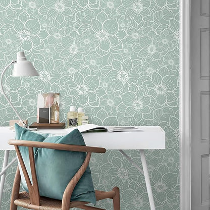 Guvana Peel and Stick Wallpaper Floral Wall Paper Boho Grayish Green and White Removable Self Adhesive Wallpaper for Bedroom Bathroom Contact Papaer for Cabinet Waterproof Vinyl Roll 17.3"×197"
