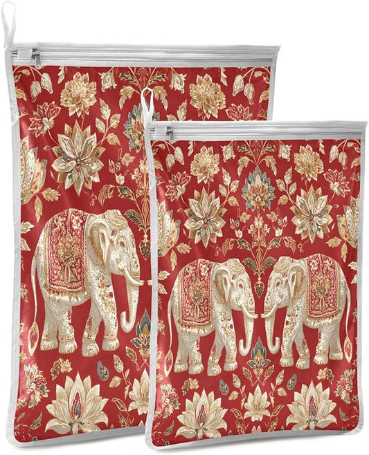 Mesh Laundry Bags Lingerie Bags for Washing Delicates 2 PCS Durable Wash Bag with Zipper Small and Medium Washable Red Retro Elephant Flowers