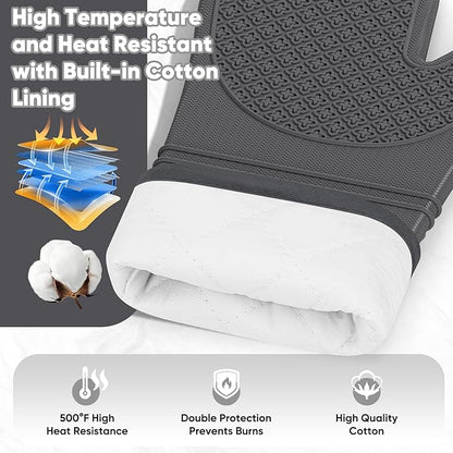 Silicone Oven Mitts, Heat Resistant Oven Gloves with Quilted Liner, Waterproof & Non-Slip Kitchen Mittens for Baking Cooking BBQ, 500°F, 12.5"-Deep Gary