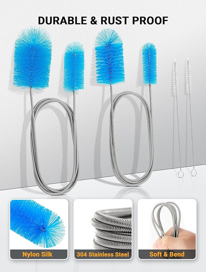 Flexible Long Drain Brush Tool with Large Double Elastic Nylon Ends, Stainless Steel Tube Cleaner Brush for Kitchen, Sink, Drain Pipe, and Long Pipe Cleaning, 2 Straw Cleaning Brushes