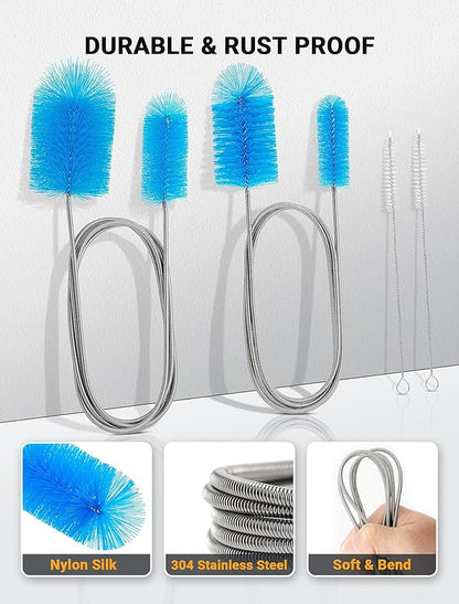 Flexible Long Drain Brush Tool with Large Double Elastic Nylon Ends, Stainless Steel Tube Cleaner Brush for Kitchen, Sink, Drain Pipe, and Long Pipe Cleaning, 2 Straw Cleaning Brushes