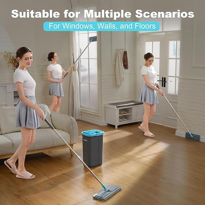JOYMOOP Mop and Bucket Set with Wringer, with 5 Reusable Microfiber Mop Pads, Mops for Floor Cleaning and Wall Cleaning, Hands-Free Flat Mop for Home Use - Grey+Cyan Blue