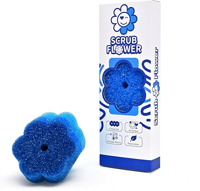Scrub Flower Temperature Sensitive Sponges -Non-Scratch Scrubbers for Kitchen & Home - Firm in Cold & Soft in Warm Water - Odor Resistant Color-Coded Dish Sponges (Sapphire Hydrangea, 3 Count)