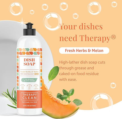 Therapy Clean Plant Based Dish Soap Liquid - Fresh Herbs & Melon fl. 16 oz - Non Toxic Dish Soap Liquid, All Natural Scent, Organic Dishwashing Cleaner and Detergent for Kitchen