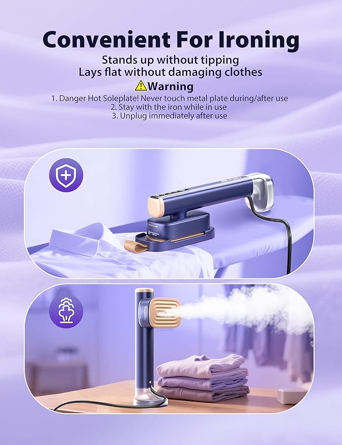 Travel Steamer for Clothes with 180 ml Water Tanks,15s Fast Heat-up,24 g/min Strong Steam Performance, Portable Garment Steamer with Touch Control, LED Display, Steam Iron(Blue Gold)