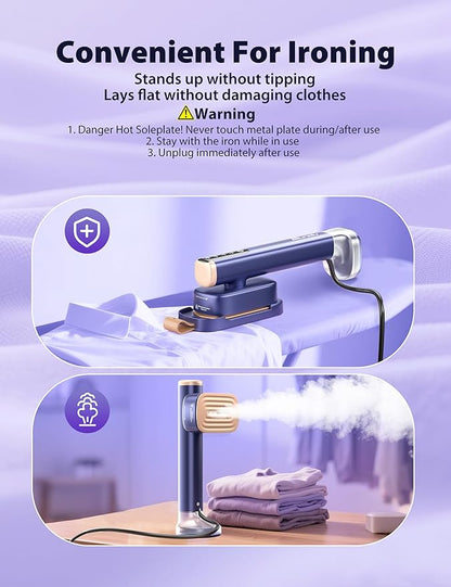 Travel Steamer for Clothes with 180 ml Water Tanks,15s Fast Heat-up,24 g/min Strong Steam Performance, Portable Garment Steamer with Touch Control, LED Display, Steam Iron(Blue Gold)