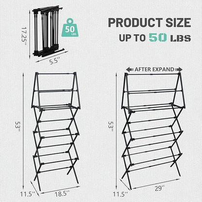 4 Tier Clothes Drying Rack Foldable | Foldable Clothing Drying Rack | Laundry Drying Rack Collapsible for Laundry Room, Dorm, Expandable Sturdy Metal Design | Black 29"L x 11.5"W x 53"H