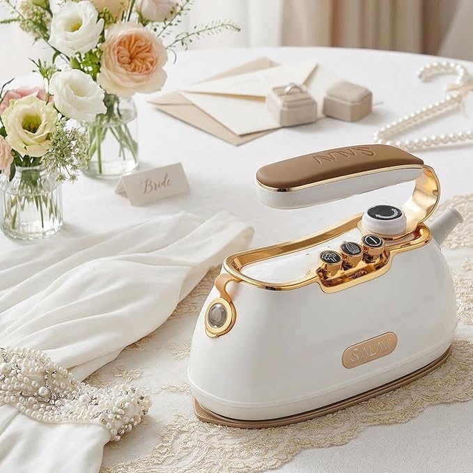 SALAV® Retro Edition Duopress Handheld Garment Steamer and Iron, Ceramic Plate, 1000 watts of Steam, Removes Wrinkles on Clothes, Vintage Style No Drip Steam, Pearl