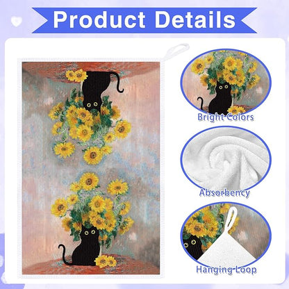 Black Cat Kitchen Towels, 4PCS Cat and Flower Dish Towels for Cooking Cleaning, Absorbent Aesthetic Decorative Tea Towel with Hanging Loop for Home Kitchen(16 X 24 Inches)