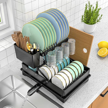 Large Dish Drying Rack 2 Tier for Kitchen Counter, Anti-Rust Metal Dish Rack with Lock & Lift System & Retractable Auto-Drain Spout, Escurridor de Platos with Cutting Board and Utensil Holder