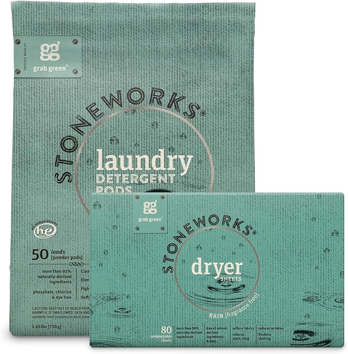 Grab Green Stoneworks Laundry Detergent Pods and Dryer Sheet Bundle, 50 Count Pods and 80 Dryer Sheets, Unscented, Plant and Mineral Based Laundry Care Set