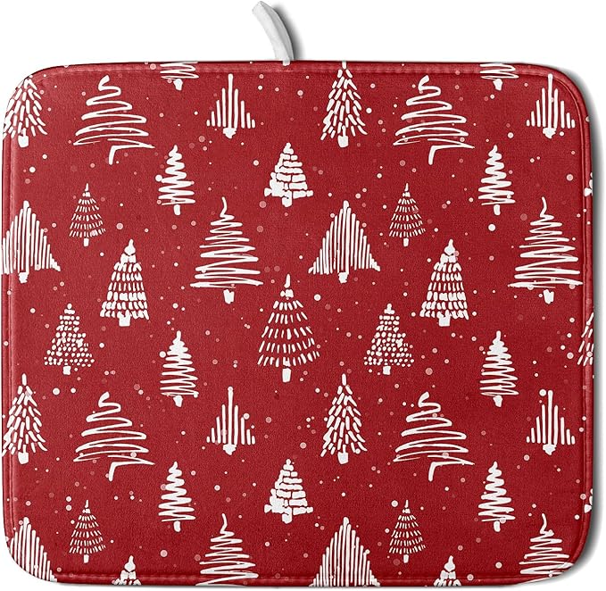Christmas Dish Drying Mat 16 x 18 Inch With Absorbent Reversible Microfiber Red Xmas Tree Snowflake Drying Mats Winter Holiday Dish Drainer Mat Fast Dry For Kitchen Dining Room Decoration