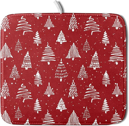 Christmas Dish Drying Mat 16 x 18 Inch With Absorbent Reversible Microfiber Red Xmas Tree Snowflake Drying Mats Winter Holiday Dish Drainer Mat Fast Dry For Kitchen Dining Room Decoration