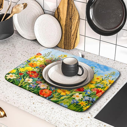 Spring Summer Floral Dish Drying Mat for Kitchen Counter 16x18 Green Yellow Blue Flower Wildflower Print Absorbent Reversible Microfiber Drying Mats Kitchen Countertop Protector Dishes Drainer Pad