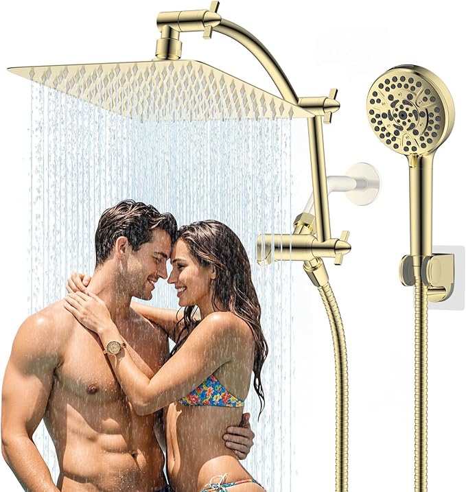 Hibbent All Metal cUPC Certified Shower Head, 10'' High Pressure Rain Shower Head, Handheld Showerhead Combo with 16'' Adjustable Extension Arm, 10 Sprays, 71'' Hose, Shower Holder, Polished Brass