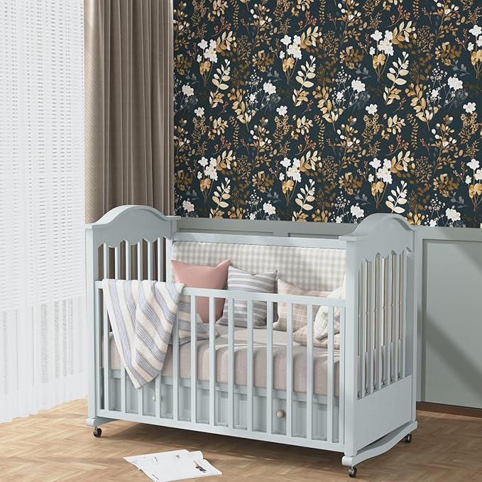 Laatse Navy Floral Wallpaper Peel and Stick Boho Wallpaper Vintage Blue/Gold Leaf Contact Paper Waterproof Self Adhesive Modern Wall Paper for Cabinet Walls Kitchen 17.5in x118in