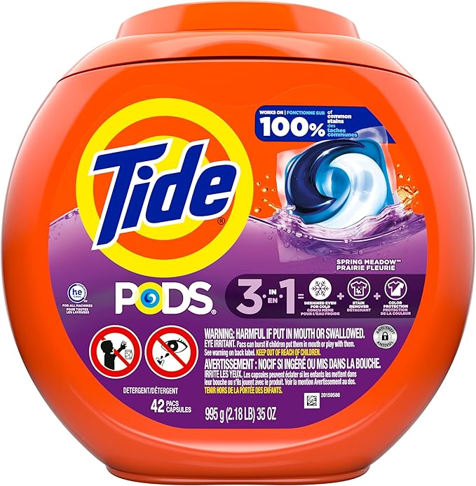 Tide PODS laundry detergent pacs, 3-in-1 Stain Remover, Odor Fighter, Color Protector, 42 Count, HE compatible, Spring Meadow Scent