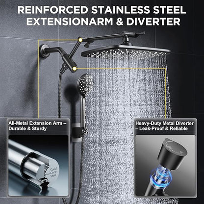 Veken 11.8" Rain Shower Head with Handheld, Family's Choice Award, High Pressure Handheld Shower Heads with Multi Spray Modes, Rainfall Combo with Extension Arm,Detachable Dual Shower, Matte Black