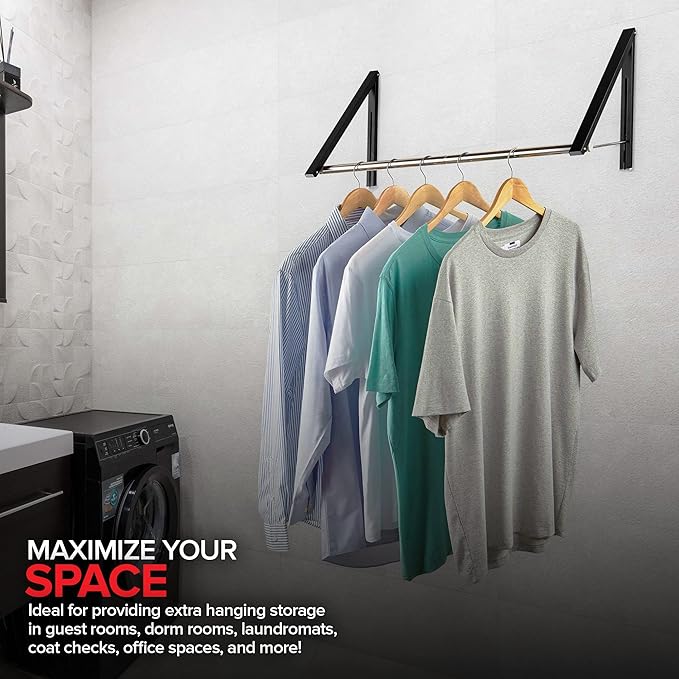 Double Foldable Clothing Rack w/ Extension Rod, Wall-Mounted Retractable Clothes Hanger for Laundry Dryer Room, Hanging Drying Rod, Small Collapsible Folding Garment Racks, Dorm Accessories (Black)