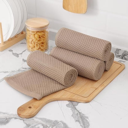 Kitinjoy 100% Cotton Waffle Weave Kitchen Hand Towels (13 X 28 Inches, Tan), 4-Pack Super Soft and Absorbent Dish Towel for Drying Dishes