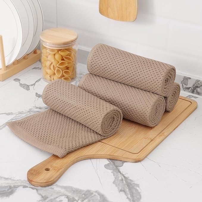 Kitinjoy 100% Cotton Waffle Weave Kitchen Hand Towels (13 X 28 Inches, Tan), 6-Pack Super Soft and Absorbent Dish Towel for Drying Dishes