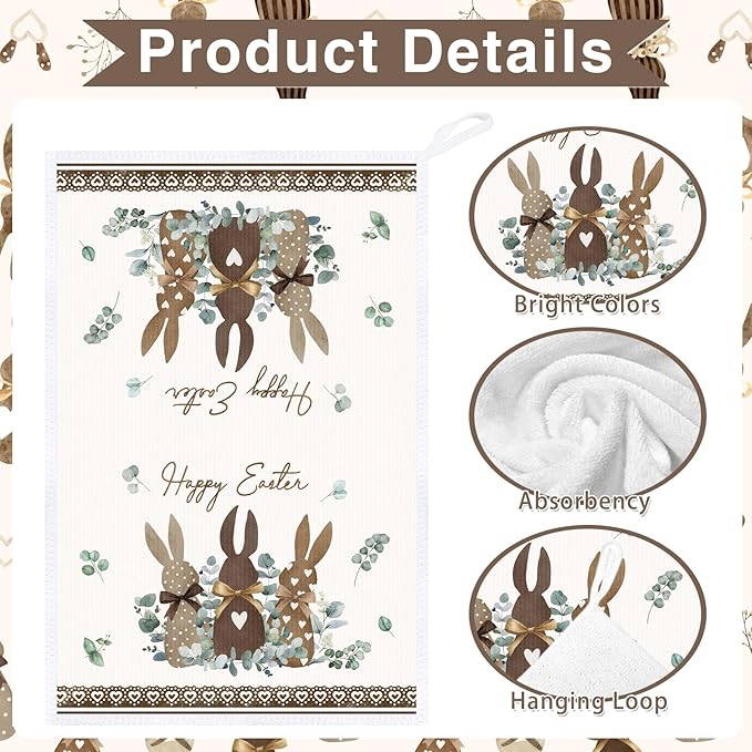 Easter Kitchen Towels Set of 4, Farmhouse Hunny Bunny Easter Dish Towels Gifts for Cooking Cleaning, Spring Hand Towels with Hanging Loop for Kitchen Bathroom Home Decor