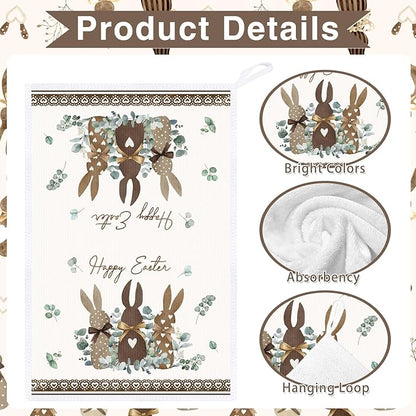 Easter Kitchen Towels Set of 4, Farmhouse Hunny Bunny Easter Dish Towels Gifts for Cooking Cleaning, Spring Hand Towels with Hanging Loop for Kitchen Bathroom Home Decor