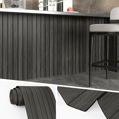 Wallercity 3D Gray/Black Wood Panels for Walls Self Adhesive Wood Slat Wall Paneling for Bedroom Bathroom Thick Peel and Stick Flexible Wooden Wall Panel for Living Room Kids Room Ceiling 11.7''x118''
