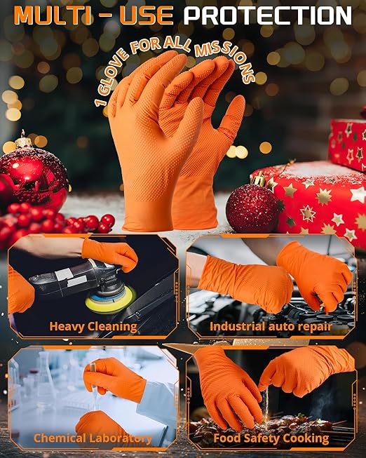 10mil Nitrile-Gloves Disposable-Orange Chemical-Resistant Rubber - Mechanic Gloves Heavy Duty, Latex Free, Diamond Grip (500, Medium)