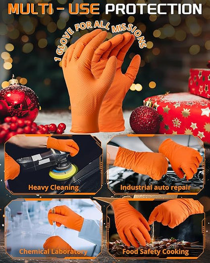 10mil Nitrile-Gloves Disposable-Orange Chemical-Resistant Rubber - Mechanic Gloves Heavy Duty, Latex Free, Diamond Grip (500, Medium)