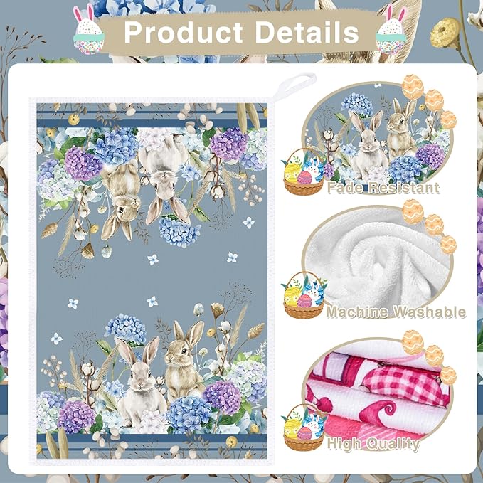 Easter Kitchen Towels Set of 4, Bunny and Hydrangea Dish Towels Gifts for Cooking Cleaning, Eggs and Flower Hand Towels with Hanging Loop for Bathroom Home Decor