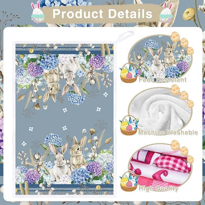 Easter Kitchen Towels Set of 4, Bunny and Hydrangea Dish Towels Gifts for Cooking Cleaning, Eggs and Flower Hand Towels with Hanging Loop for Bathroom Home Decor