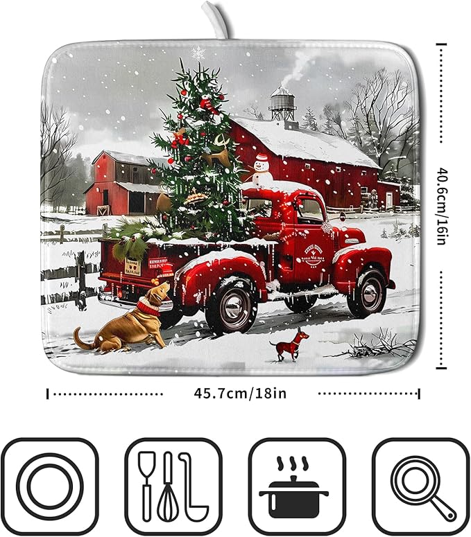 Christmas Red Truck Dish Drying Mat for Kitchen Counter 16x18 Inch Xmas Tree Snowman Dog Winter Print Absorbent Reversible Microfiber Drying Mats Kitchen Countertop Protector Dishes Drainer Rack Pad