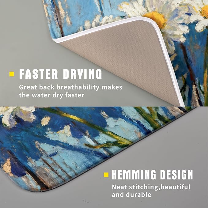 Daisy Floral Dish Drying Mat for Kitchen Counter 16x18 Spring Summer Theme Woodgrain White Flower Seasonal Absorbent Reversible Microfiber Drying Mats Kitchen Countertop Protector Dishes Drainer Pad
