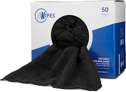 Black Microfiber Shop Towels | MWipes Reusable Shop Rags | 50 Rags in a Box | Super Absorbent, Machine Washable Hundreds of Times | Automotive, Paint, Industrial, Detailing