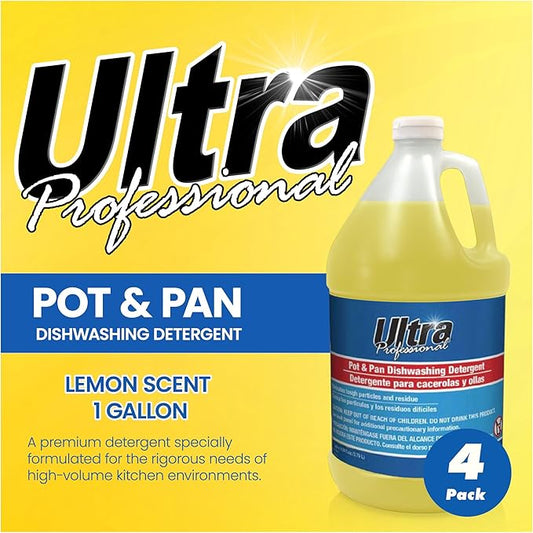 Ultra Professional ™ 4 Pack 1 Gallon Pots & Pan Dishwashing Detergent Dish Cleaning Liquid, Lemon Scent, Yellow - Powerful Grease Remover
