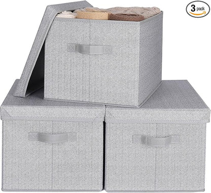 WUIKE 3 Pack Extra Large Foldable Storage Bins with Lids, Fabric Storage Bins for Home and Closet Organization, Herringbone Gray