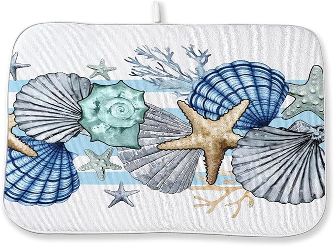 Nautical Coastal Starfish Dish Drying Mats 18x24 Inch Beach Coral Shell Blue Drying Mats Seasonal Summer Ocean Absorbent Dish Drying Pad Dish Rack Drainer Mats for Kitchen Dining Counter Decor