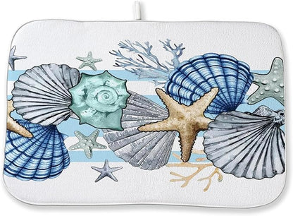 Nautical Coastal Starfish Dish Drying Mats 18x24 Inch Beach Coral Shell Blue Drying Mats Seasonal Summer Ocean Absorbent Dish Drying Pad Dish Rack Drainer Mats for Kitchen Dining Counter Decor