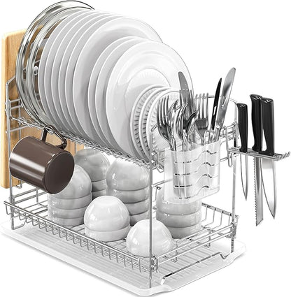 Simple Houseware 2-Tier Stainless Steel Dish Rack with Drainboard, Chrome for Kitchen
