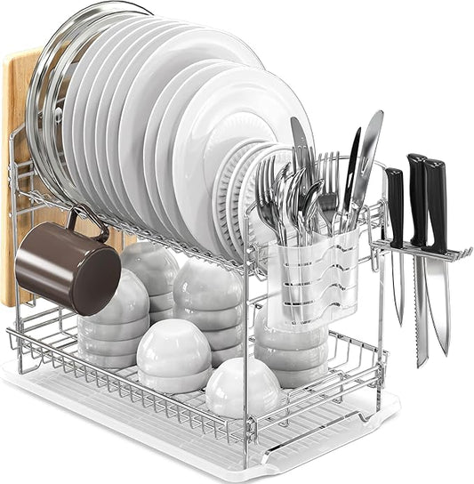 Simple Houseware 2-Tier Stainless Steel Dish Rack with Drainboard, Chrome for Kitchen