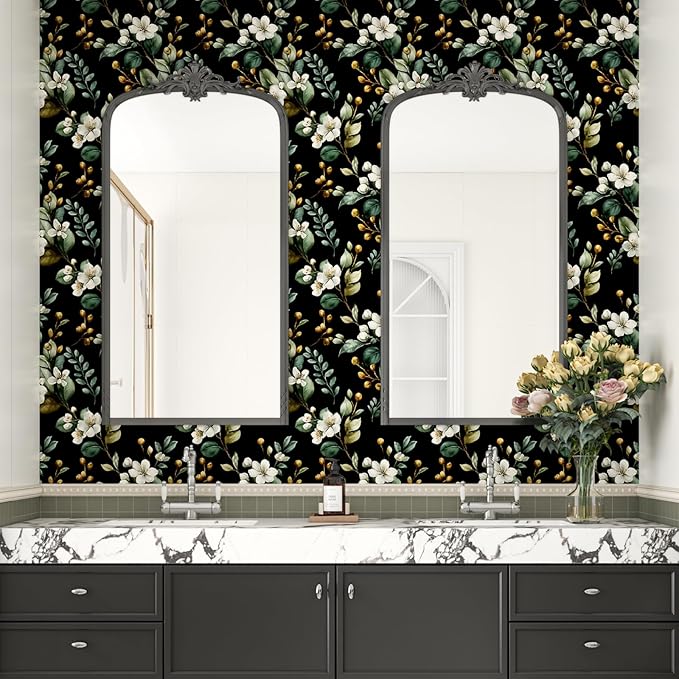 Black Floral Wallpaper Peel and Stick, Vintage Dark Green Leaves with White Flower Pattern Self Adhesive Wall Paper for Bedroom Cabinet Cubicle, Waterproof Classic Contact Paper 17.5In x 118In