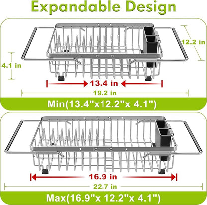 JASIWAY Dish Drying Rack in Sink, Expandable Stainless Steel Dish Drainer for Kitchen Sink, Dish Strainer Rack, Retractable Over Sink Dish Rack with Utensil Holder, 13.4''~16.9''D x 12.2''W, Silver