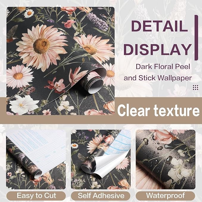 Livebor Dark Floral Peel and Stick Wallpaper Vintage Floral Contact Paper 16.9” x 196.8” Bird Flower Wallpaper Peel and Stick Boho Flower Self Adhesive Removable Wall Paper Decor for Cabinets Vinyl
